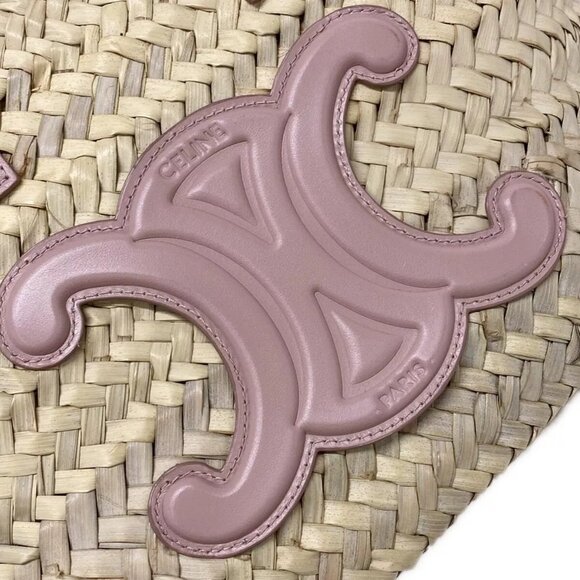 Auth CELINE Teen Triomphe Pannier - Beige Pink Beige Raffia Calf Skin Tote Bag - Picture 13 of 16